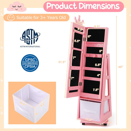 Costzon Kids Jewelry Armoire, 360° Swivel Jewelry Cabinet with Full Length Mirror