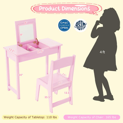 Costzon Kids Vanity, 2 in 1 Girls Vanity Set with Flip Top Mirror, Hidden Storage Space