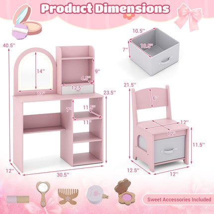 Costzon Wooden Kids Vanity Table and Chair Set with Mirror Hooks & Open Shelves