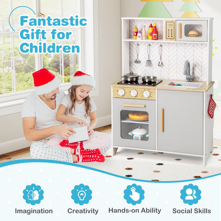 Costzon Kids Kitchen Playset, Wooden Pretend Play Kitchen with Lights and Sounds