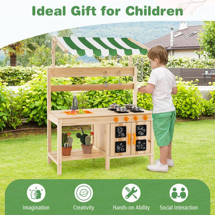Costzon Mud Kitchen with Canopy, Fir Wood Kids Kitchen Playset with 4 Stoves, Outdoor Play Kitchen for Kids Toddlers, Gift for Boys Girls Ages 3+