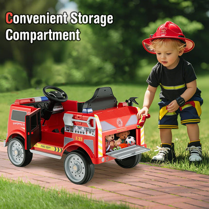 Costzon Kids Ride on Fire Truck, 12V Battery Powered Fire Car w/Remote Control, Extinguisher