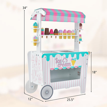 Costzon Wooden Ice Cream Cart for Kids, Pretend Play Food Trunk Toy w/ Display Rack