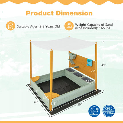 Costzon Kids Sandbox with Sand Wall, Wooden Sandpit w/Removable Canopy, Water Bucket