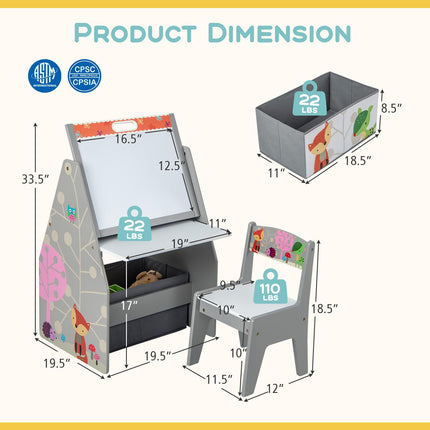 Costzon 3 in 1 Kids Easel with Chair, Wooden Art Table with Adjustable Double-Sided Magnetic Whiteboard & Blackboard