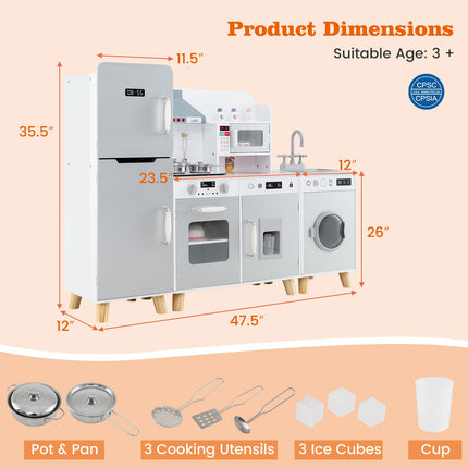 Costzon 3-Piece Play Kitchen for Kids, Wooden Toy Kitchen Set with Refrigerator