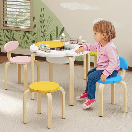 Costzon Kids Table and Chair Set 5-Piece Wooden Flower-Shaped Activity Table 2 Chairs & 2 Stools