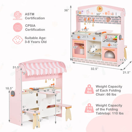 Costzon Double-Sided Play Kitchen & Restaurant Toy Set, 2 in 1 Wooden Pretend Diner Set