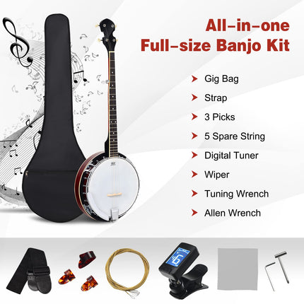 Costzon 5 String Banjo 24 Bracket with Geared 5th Tuner and Mid range Closed Handle