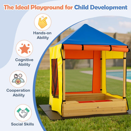 Costzon Kids Wooden Sandbox with Canopy(Yellow&Blue)
