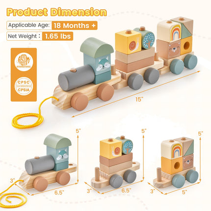 Costzon Wooden Train Set, 3-Section Towable Train Toys with Stackable Building Block, Cute Animal Patterns
