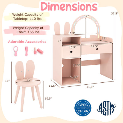 Costzon Girls Vanity Set with Mirror and Stool and Lights