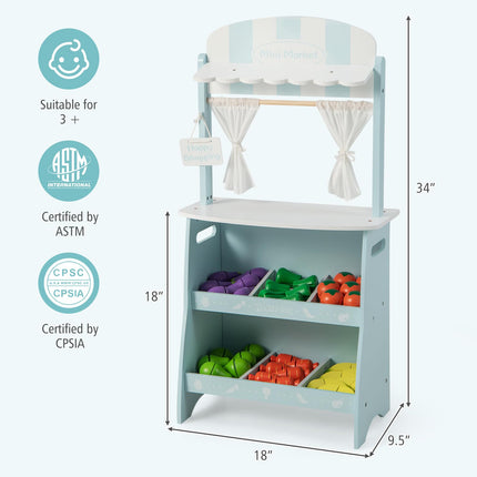 Costzon Kids Wooden Grocery Store Set, Pretend Farmer’s Market Stand w/ 36 Cutting Vegetables & Fruits