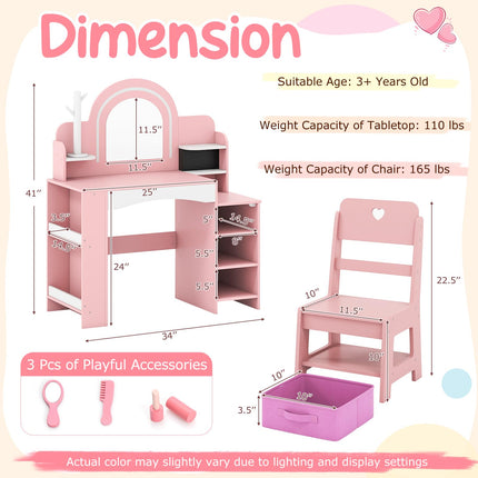 Costzon Wooden Kids Vanity Table and Chair Set with Lighted Mirror Bookshelf Jewelry Storage