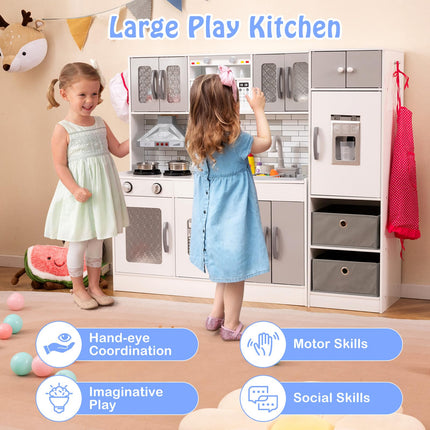 Costzon 2-Piece Kids Kitchen Playset, Wooden Play Kitchen with Water Circulation, Lights and Sounds