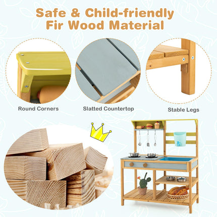 Costzon Wooden Kids Play Kitchen, Outdoor Mud Kitchen with Removable Sink, Water Box & Faucet