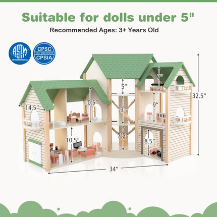 Costzon Wooden Dollhouse for Kids, 3-Story Luxury Doll House with 36 Pieces Furniture Accessories