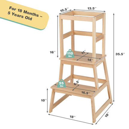 Costzon Kids Kitchen Step Stool with Safety Rail, 2 in 1 Solid Wood Montessori Learning Stool Standing Helper