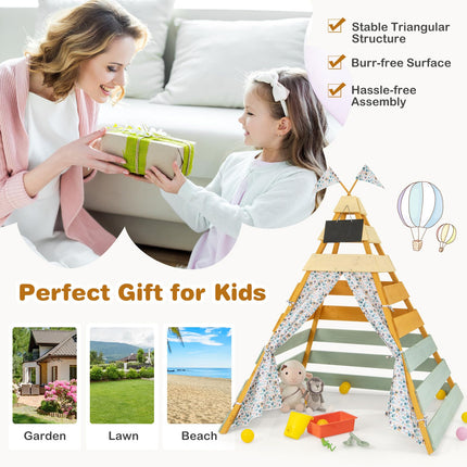 Costzon Kids Tent, Wooden Indoor Outdoor Triangle Hideaway Playhouse with Machine Washable Flags