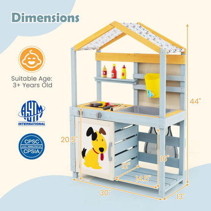 Costzon Mud Kitchen, 3-in-1 Double-Sided Kids Kitchen, BBQ Grill & Grocery Playset with Sink, Faucet