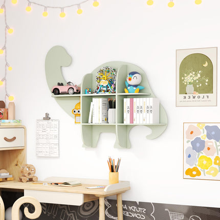 Costzon Dinosaur Wall Mounted Kids Bookshelf, 2 Tier Wooden Nursery Shelves for Toy and Book Storage