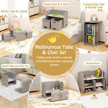 Costzon Kids Table and Chair Set, 4 in 1 Wood Activity Table, Bench, Storage Shelves, Desk for Children Reading