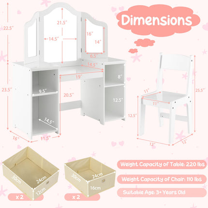 Costzon Kids Vanity, 2 in 1 Princess Makeup Desk & Chair Set with Tri-Folding Mirror, 4 Storage Bins