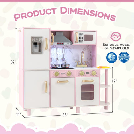 Costzon Kids Kitchen Playset, Wooden Pretend Play Kitchen with Ice Maker, Telephone, Range Hood