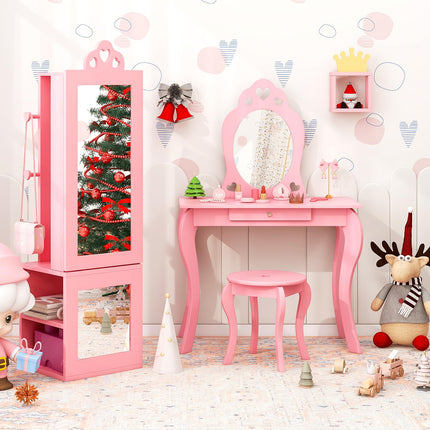 Costzon Kids Vanity & Jewelry Armoire Cabinet, Wooden Kids Vanity Table and Chair Set