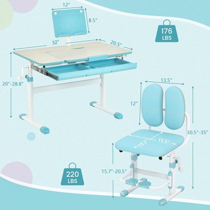 Costzon Kids Desk and Chair Set, Height-Adjustable Student Study Desk with Tiltable Desktop, Book Stand