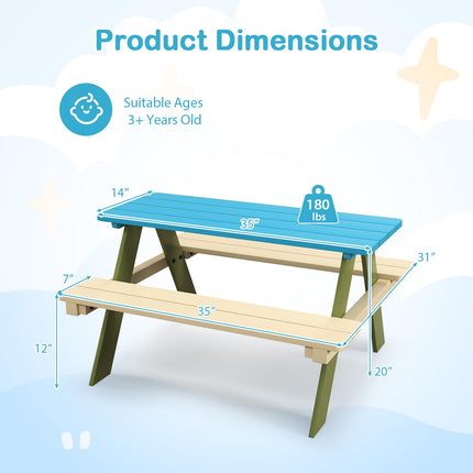 Costzon Kids Picnic Table, Acacia Wood Childrens Activity Table with Benches, Toddler Patio Furniture Set