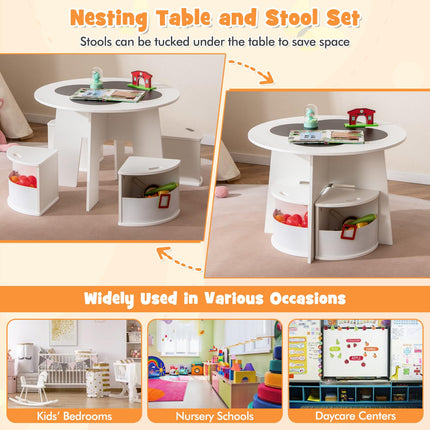Costzon Kids Table and Chairs, 5 Pieces Children Round Table w/ 4 Storage Stools & Chalkboard Tabletop for Activity