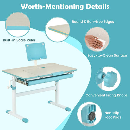 Costzon Kids Desk, Ergonomic Height-Adjustable Children Study Table w/Tiltable Desktop & Book Stand