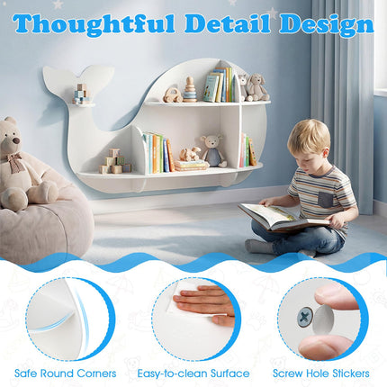 Costzon Wooden Whale-Shaped Wall Shelf | Floating Bookshelf with 6 Open Shelves