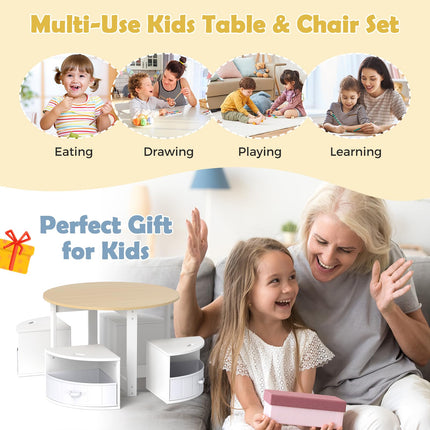 Costzon Kids Table and Chairs, 5 Pieces Wooden Round Children Nesting Table with 4 Storage Stools & 4 Fabric Drawers for Activity