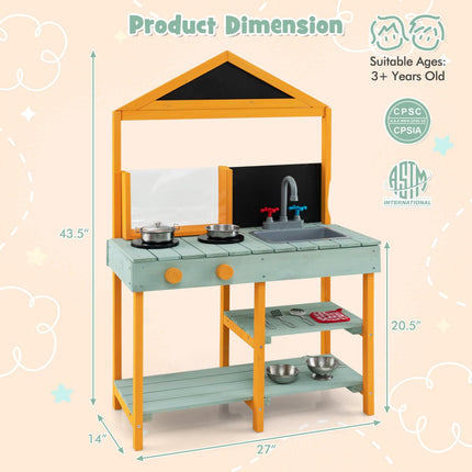 Costzon Mud Kitchen, Wooden Kids Kitchen Playset with See-Through Planter Box, Blackboard