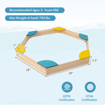 Costzon Kids Sandbox, Hexagon Large Cedar Wood Sand Pit w/ 6 Built-in Corner Seating