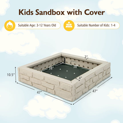 Costzon Kids Sandbox with Cover, 47"x 47" HDPE Sandpit with Oxford Cover, Bottom Liner