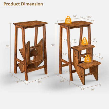 Costzon Folding Step Stool 3 Tier Wood Ladder, 3-in-1 Design with Ladder, Multifunction Pine Wood Foldable Ladder