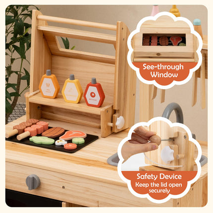 Costzon Kids Grill Playset with Chalkboard, Wooden Kids BBQ Grill Playset with Play Food（With Blackboard）
