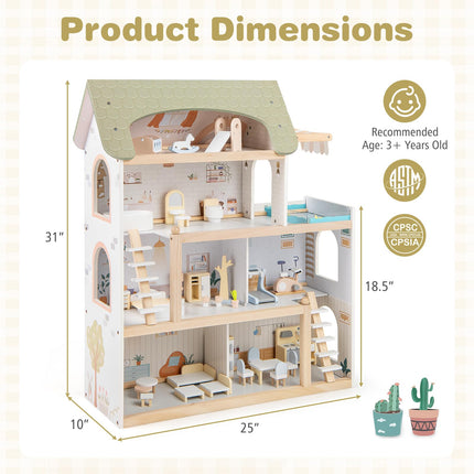 Costzon Wooden Dollhouse Kids DIY Pretend Playhouse