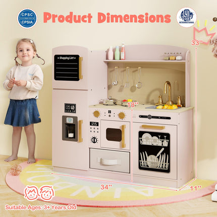 Costzon Kids Kitchen Playset, Wooden Pretend Play Kitchen with Lights and Sounds, Microwave