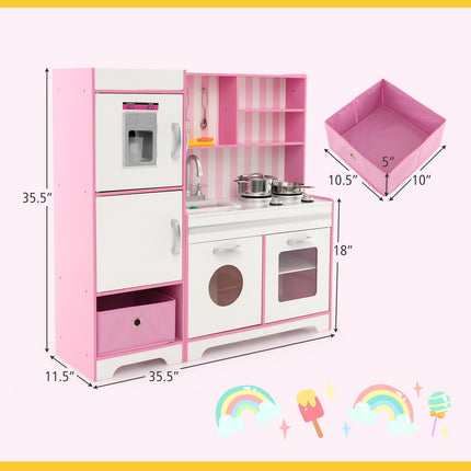 Costzon Kids Kitchen Playset, Wooden Little Chef Pretend Play Kitchen with Deluxe LED Lights, Pink