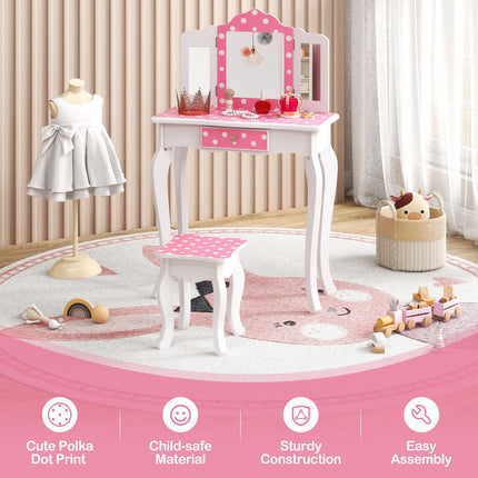 Costzon Kids Vanity, Girls Vanity Set with Mirror and Stool
