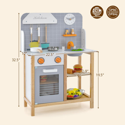 Costzon Kids Kitchen Playset, Wooden Pretend Little Chef Cooking Toy Set with Sink, Faucet, Stove