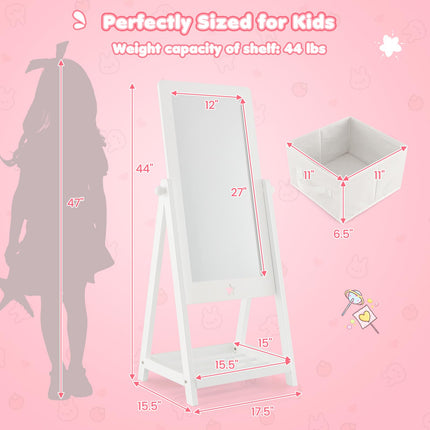 Costzon Kids Full Length Mirror, Princess Floor Free Standing Mirror w/Storage Shelf & Basket (White)