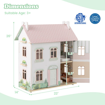 Costzon Wooden Dollhouse for Kids, 3-Level Dollhouse Playset with Double-Sided Roofs