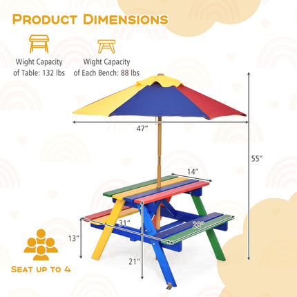 Costzon Kids Picnic Table with Removable & Foldable Umbrella
