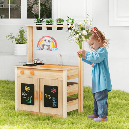 Costzon Mud Kitchen, Fir Wood Outdoor Play Kitchen with 4 Planting Pots, Stoves, Removable Sink