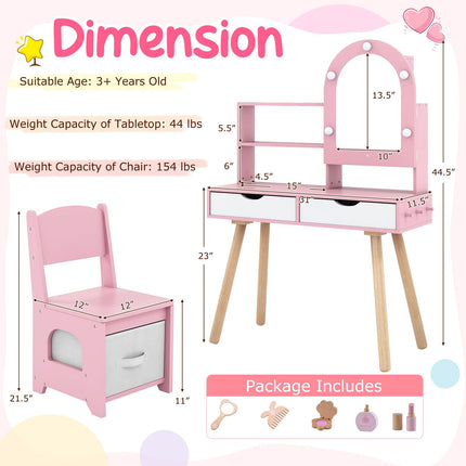 Costzon Kids Vanity with Lights Wooden Kids Vanity Table and Chair Set